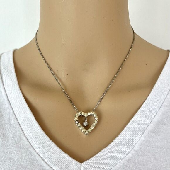 Vintage Necklace Rhinestone Heart Pendant Cable Chain Box Clasp Closure - Picture 15 of 15